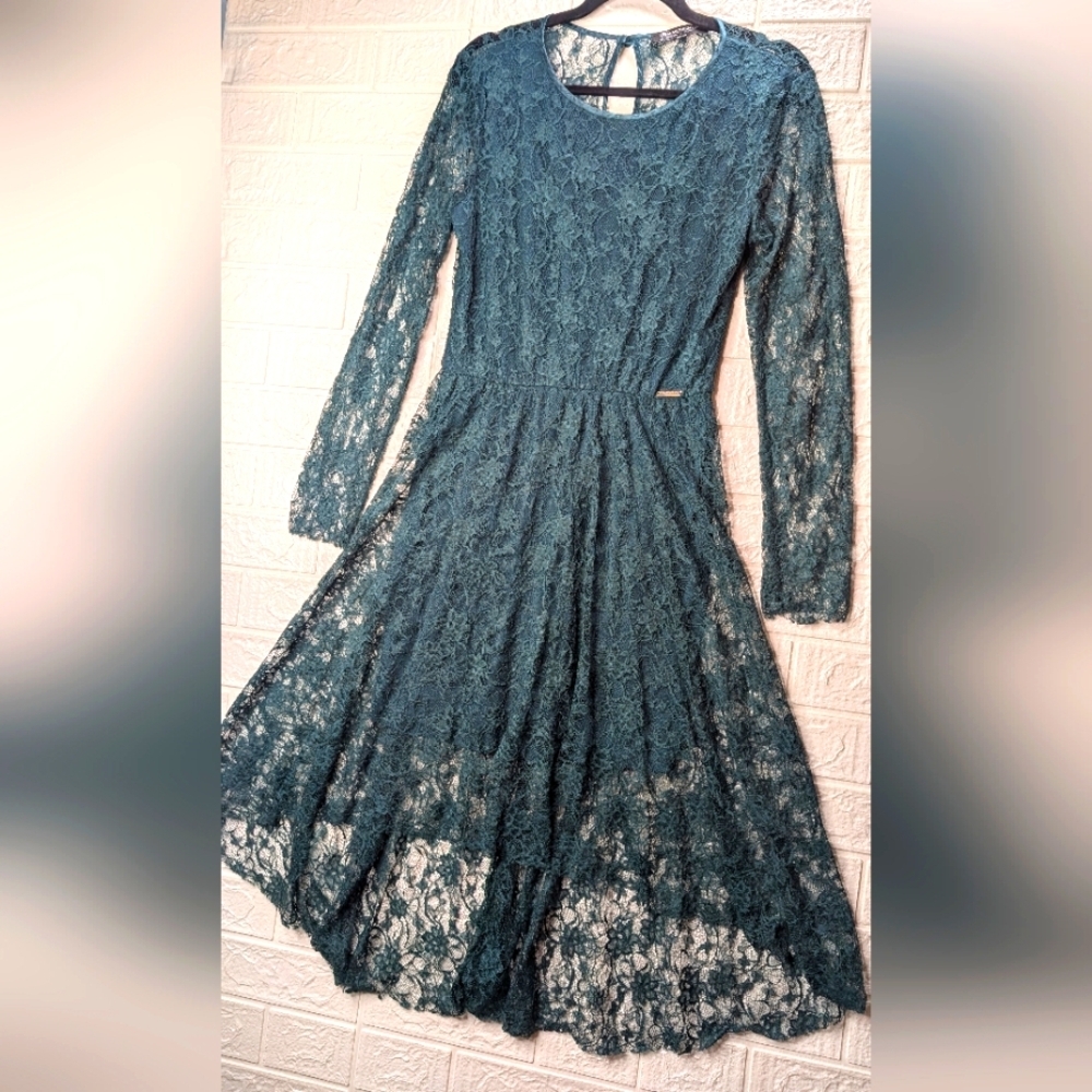 229-Rinascimento Teal‎ Long Sleeve Lace Dress High Low - Picture 2 of 7